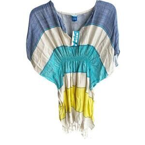 SOAKED yellow blue stripe fringe Boho whimsy Beachy coverup NWT size L
